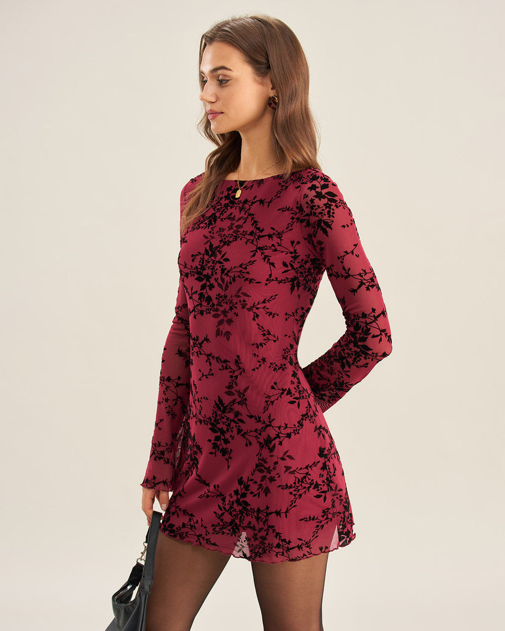 Abito mini rosso in mesh floreale