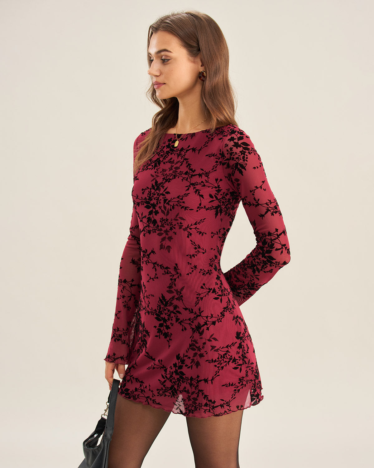 Abito mini rosso in mesh floreale