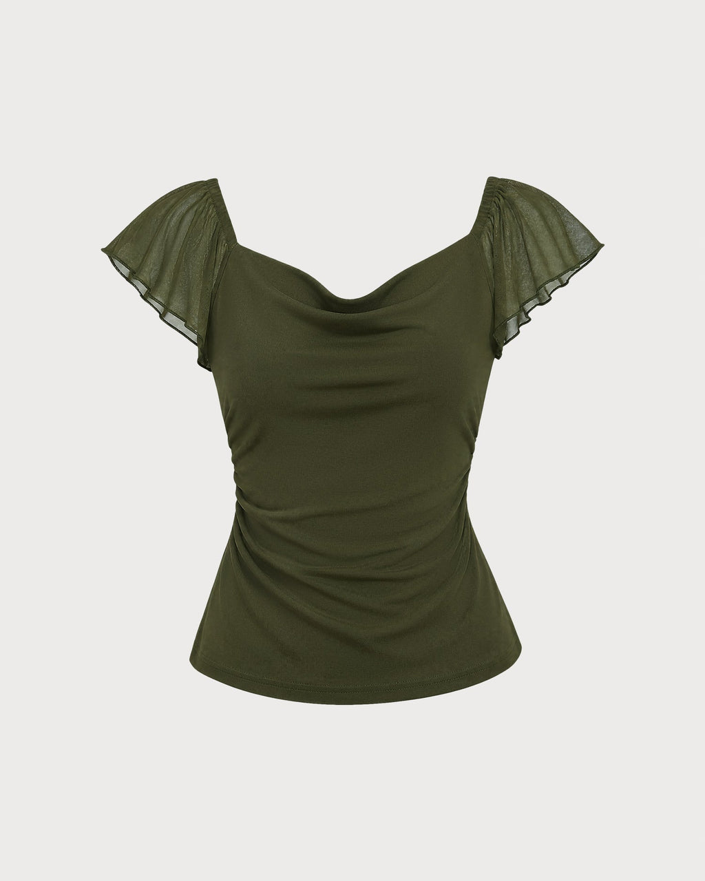 Maglietta verde in mesh arricciata con scollo a cappuccio