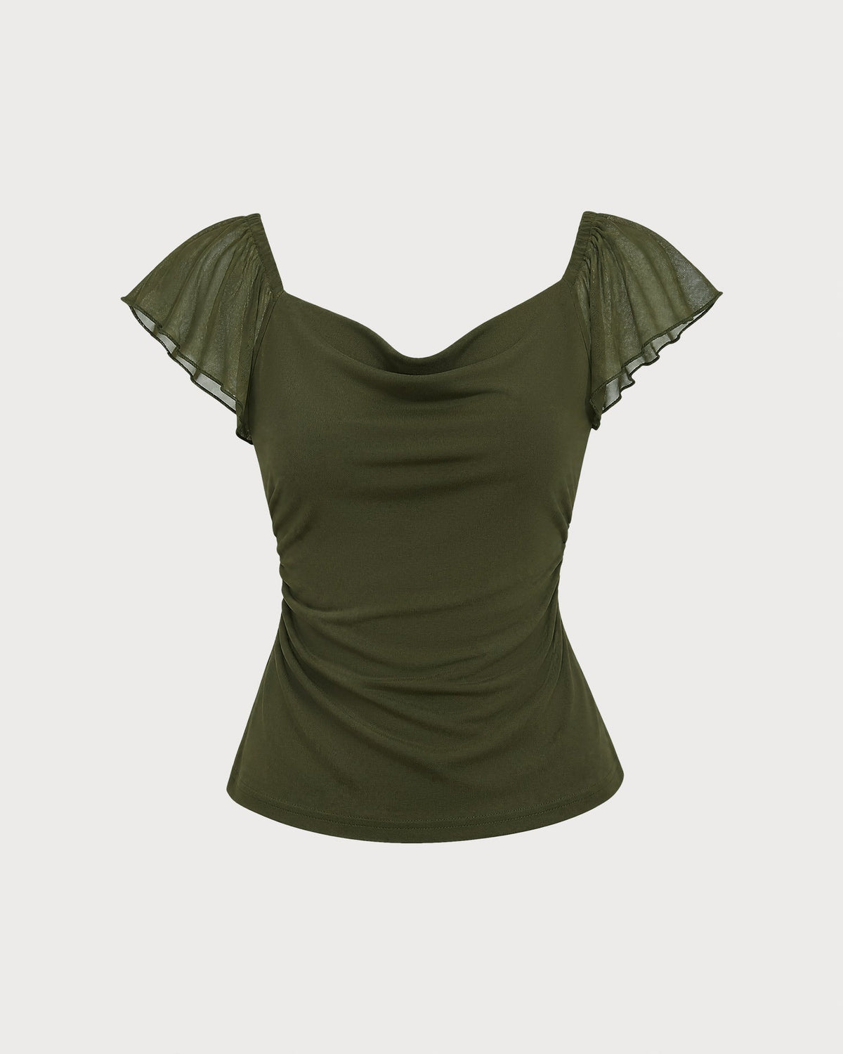 Maglietta verde in mesh arricciata con scollo a cappuccio