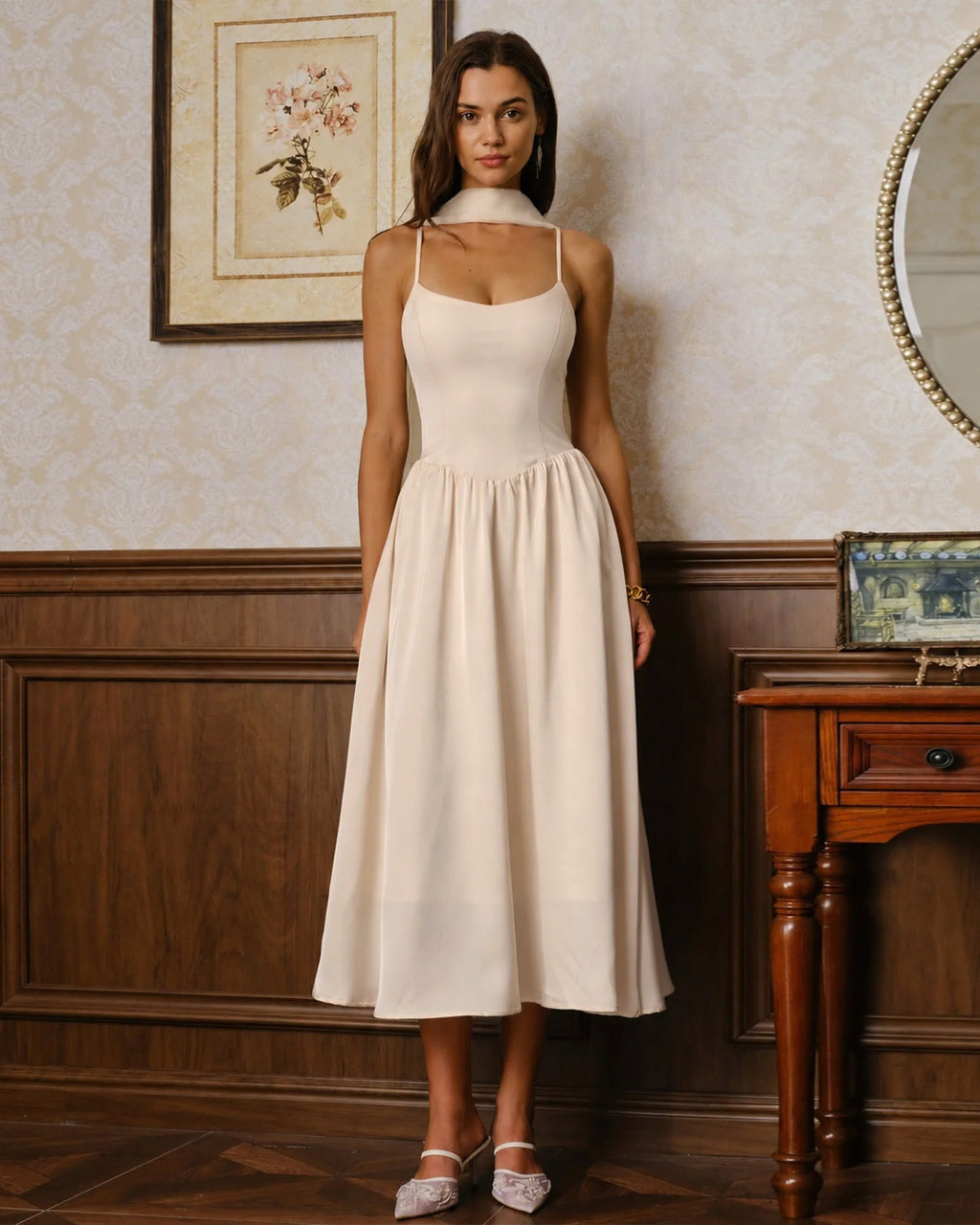Abito midi color albicocca in chiffon fluido con spalline sottili