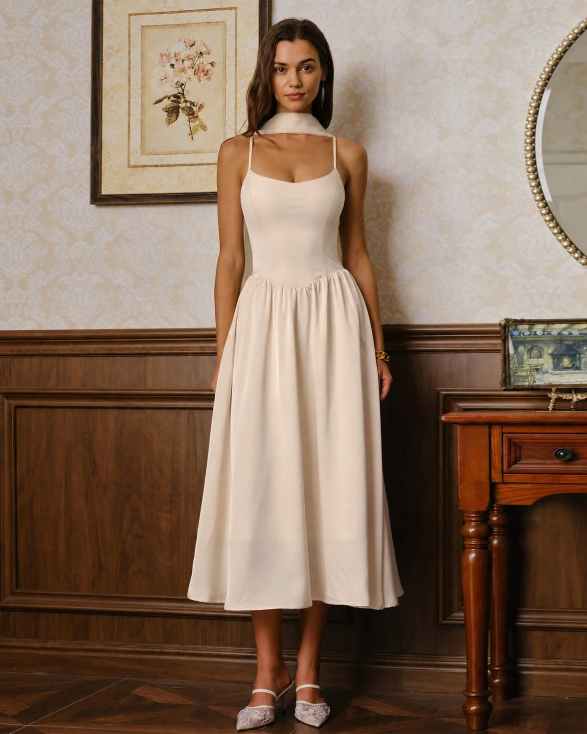 Abito midi color albicocca in chiffon fluido con spalline sottili