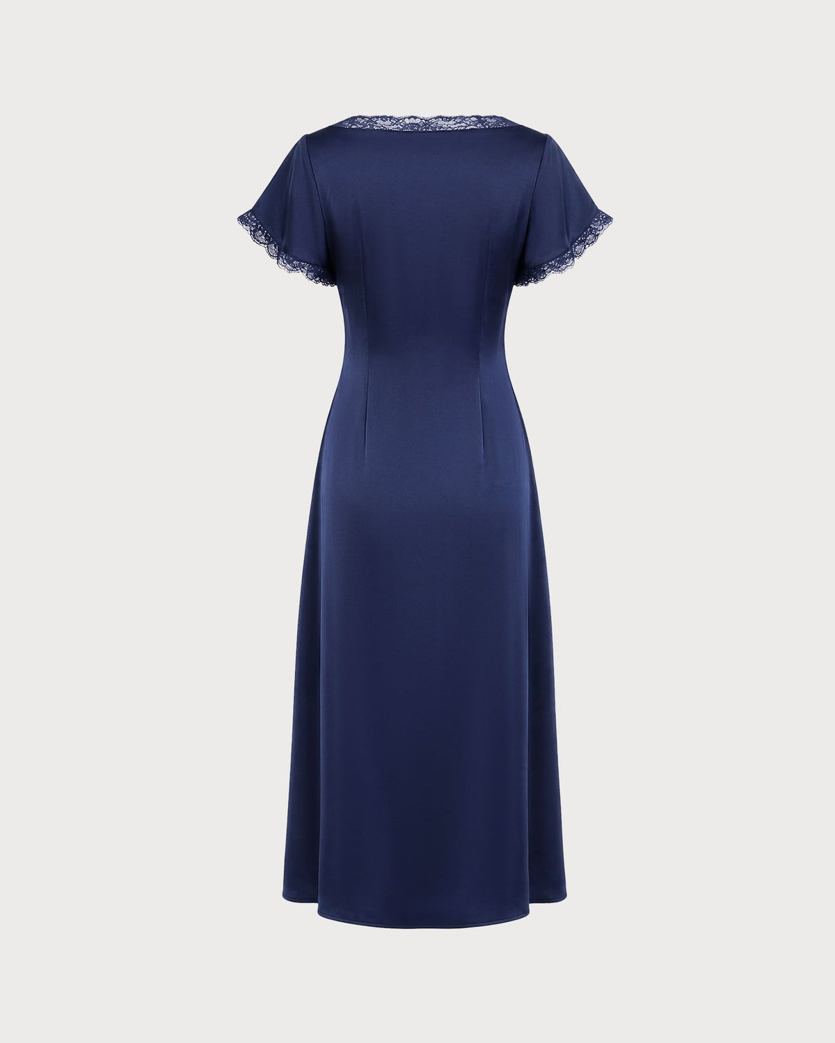 Abito midi in raso blu navy con scollo a V e pizzo