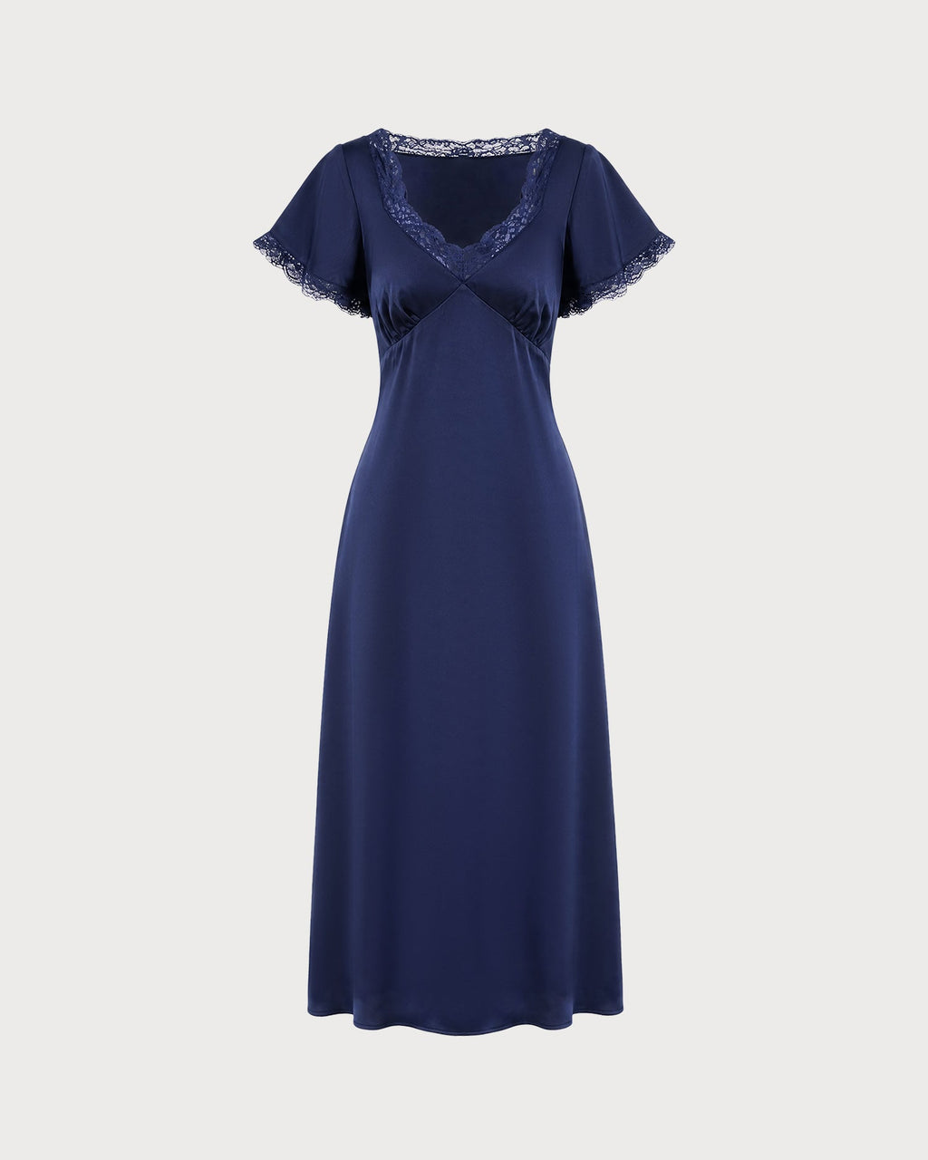 Abito midi in raso blu navy con scollo a V e pizzo