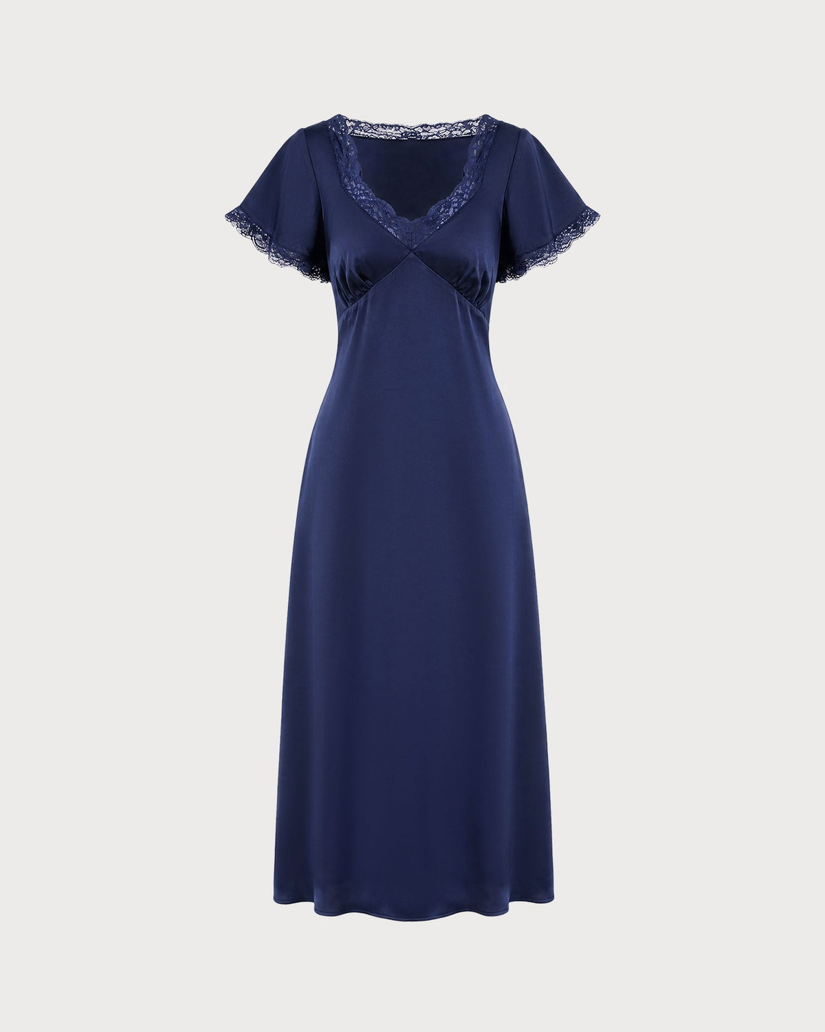Abito midi in raso blu navy con scollo a V e pizzo