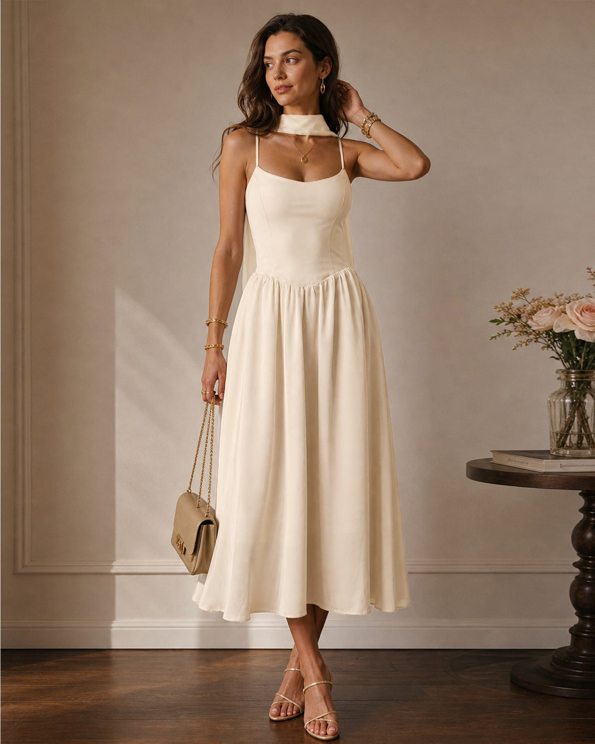Abito midi color albicocca in chiffon fluido con spalline sottili