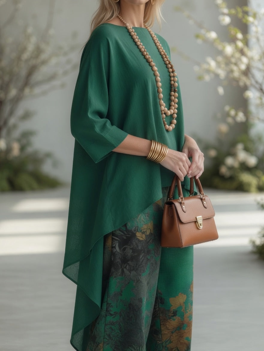 Lorenza | Completo Vintage con Tunica e Pantaloni a Stampa Botanica